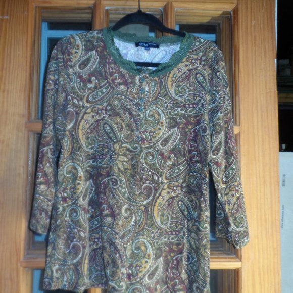 Jones New York Signature 3/4 Sleeve - Green/Gold/Berry Paisley: Size Large - Picture 1 of 6